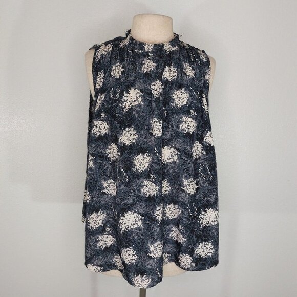 Joie Top Womens Large Blouse Sleeveless Ruffle High Neck Baltic Print Black Tan - Picture 1 of 12